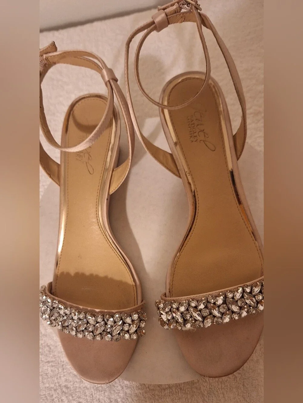 Jewel Badgley Mischka Champagne Satin. Crystal-Strap Open-Toe Sandals